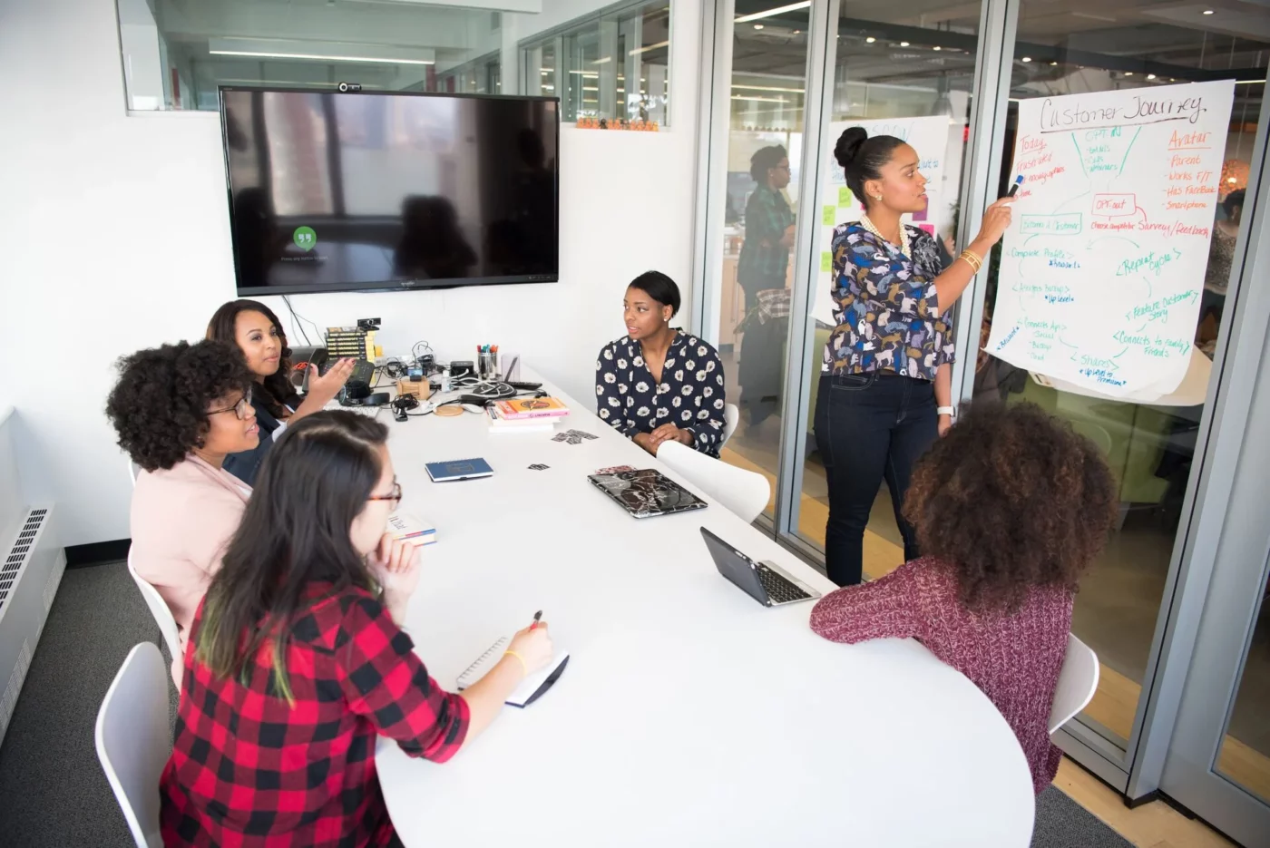 A group of women discussing a project